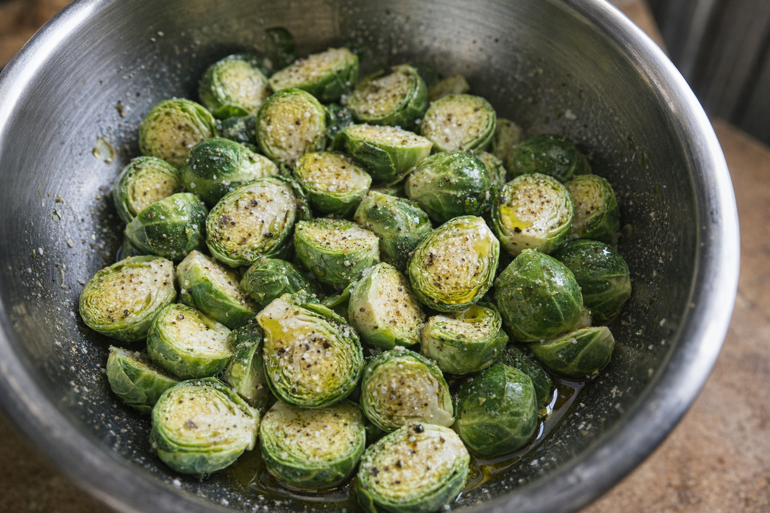 A close-up, overhead shot of raw Brussels sprouts, trimmed and halved, in a stainless steel bowl, drizzled with olive oil and sprinkled with salt and pepper.
